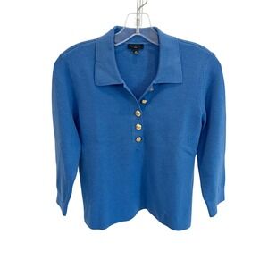 Talbots Blue Knit‎ Polo Sweater Gold Crest Button Collared Top Classic Size MP